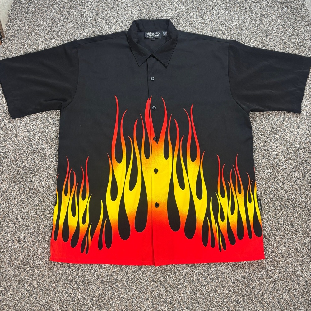 Dragonfly Clothing Company Men's XXL Flame Print Button Up Shirt Y2K Black Red